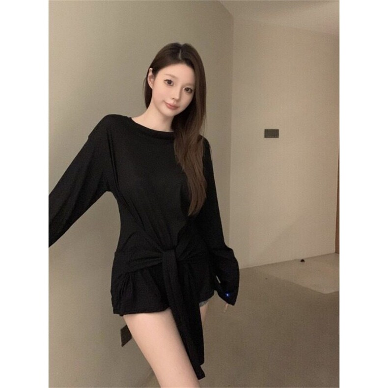 美式长袖t恤女秋季露肩绑带辣妹斜肩体恤宽松显瘦设计感黑色上衣,男装T恤,星座506A