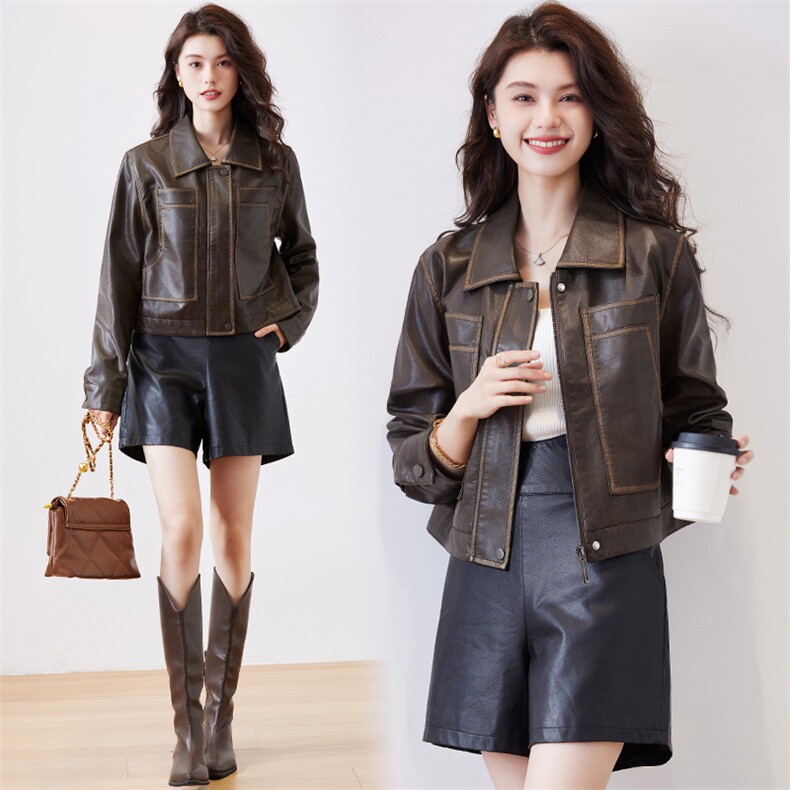 复古短款机车皮衣外套女春季2024新款宽松炸街小个子pu皮夹克上衣，女装皮衣，潮流依族