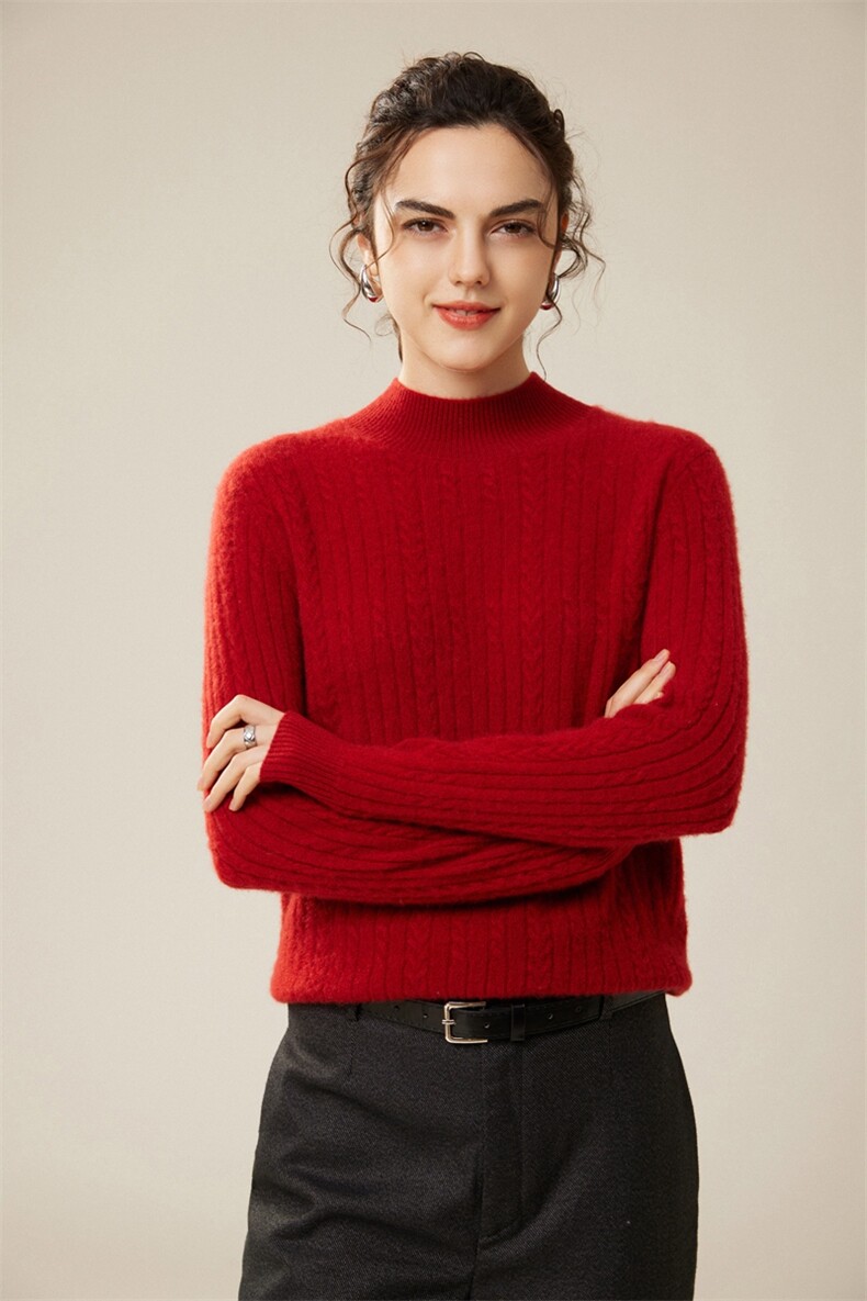冬季新款毛衣女宽松显瘦时尚百搭12针半高领坑条扭花羊绒衫,女装羊绒衫,首品羊绒