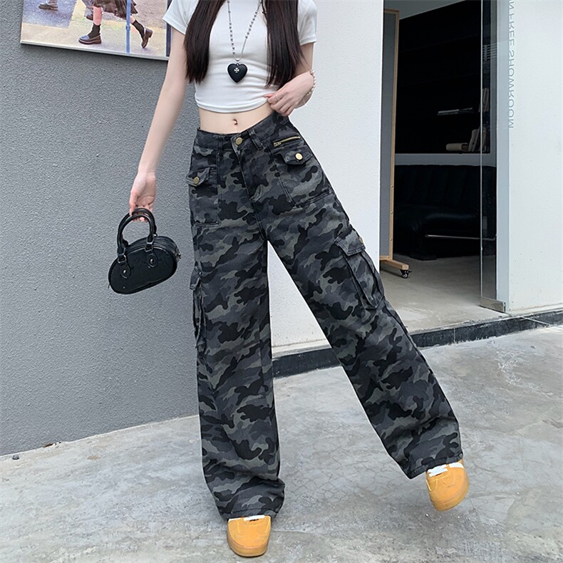 AK2332-P55美式高街工装迷彩牛仔裤女新款高腰宽松显瘦阔腿拖地裤,女装休闲裤,星座617A-2