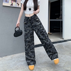 AK2332-P55美式高街工装迷彩牛仔裤女新款高腰宽松显瘦阔腿拖地裤，女装休闲裤，星座617A-2