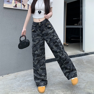 AK2332-P55美式高街工装迷彩牛仔裤女新款高腰宽松显瘦阔腿拖地裤图片