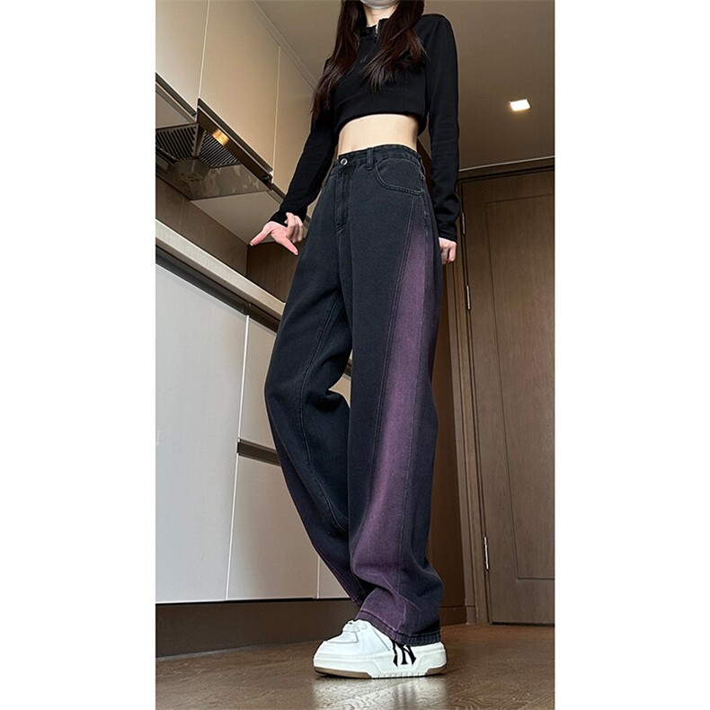 现货黑紫色拼接宽松阔腿直筒撞色休闲牛仔裤男女K5820-P50控78,男装牛仔裤,星座205