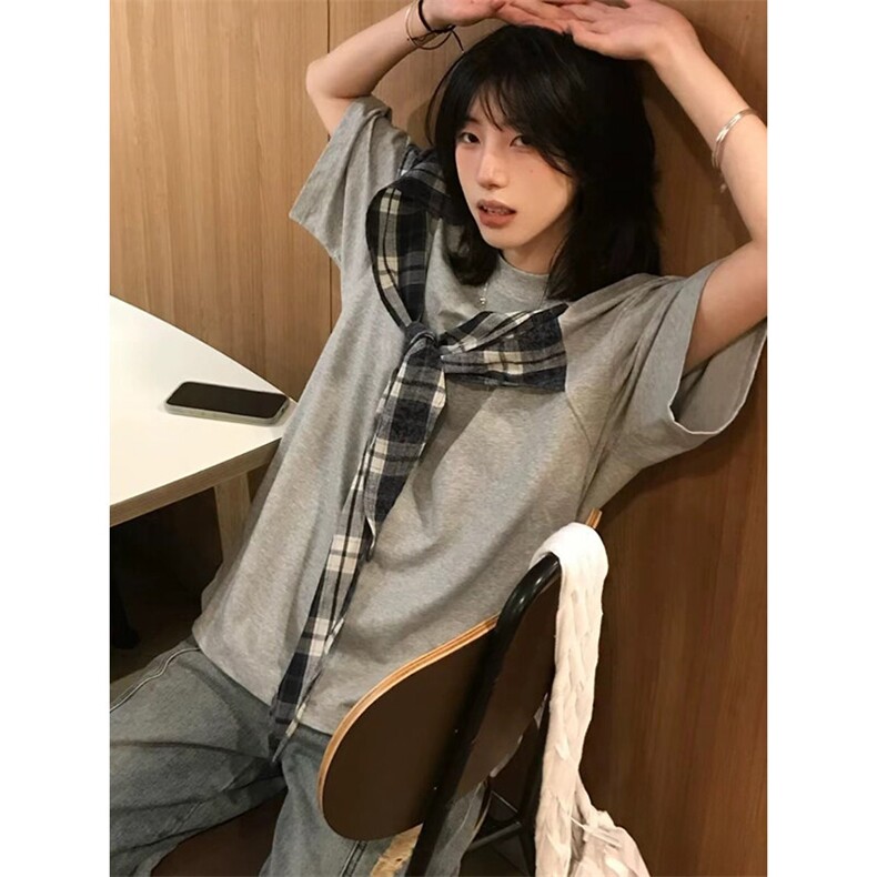 拼接格子布装饰高品质260克双纱纯棉美式高街短袖T恤特P35,男装T恤,电商A486-1