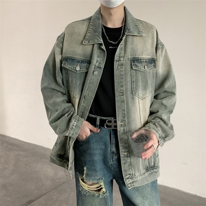 C2315-TP75控价108 新款翻领宽松高街牛仔外套复古春季男牛仔夹克图片
