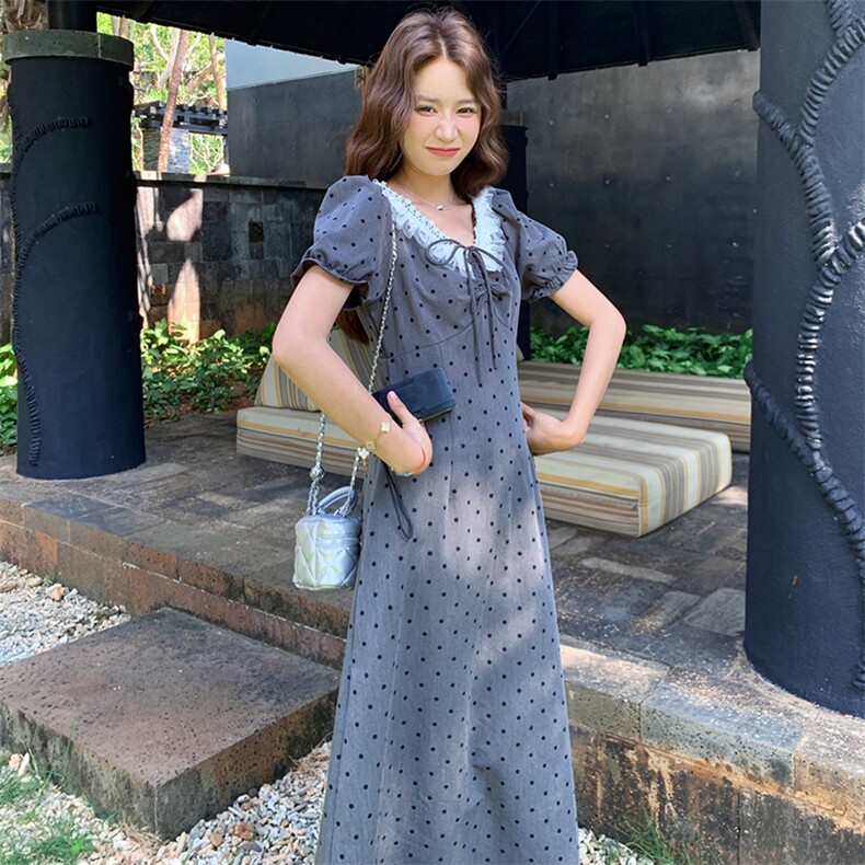 灰色波点泡泡袖连衣裙女2025夏季新款甜辣风设计感收腰显瘦长裙潮,女装连衣裙,浙宝305