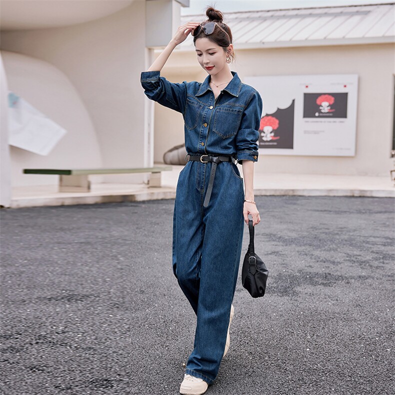 现货主推2025早春新款时尚潮流牛仔连体阔腿长裤（送腰带）,女装连体裤,新思路
