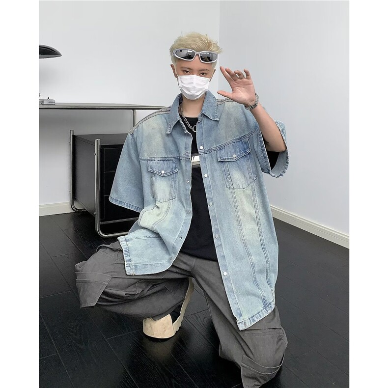 夏季宽松休闲衬衫短袖复古水洗垫肩垫肩牛仔衬衣ins潮流M9899-p59图片