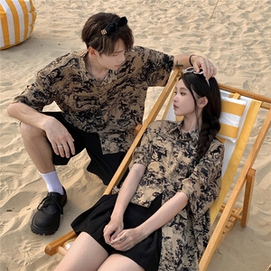 EQ406 夏威夷风夏季冰丝短袖衬衫情侣装短袖衬衣男女沙滩旅游风图片