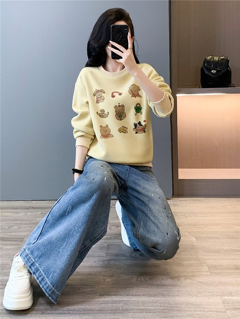 潮流时尚百搭套装女春季款时髦显瘦圆领印花长袖卫衣牛仔裤两件套,女装套装/套裙,江南