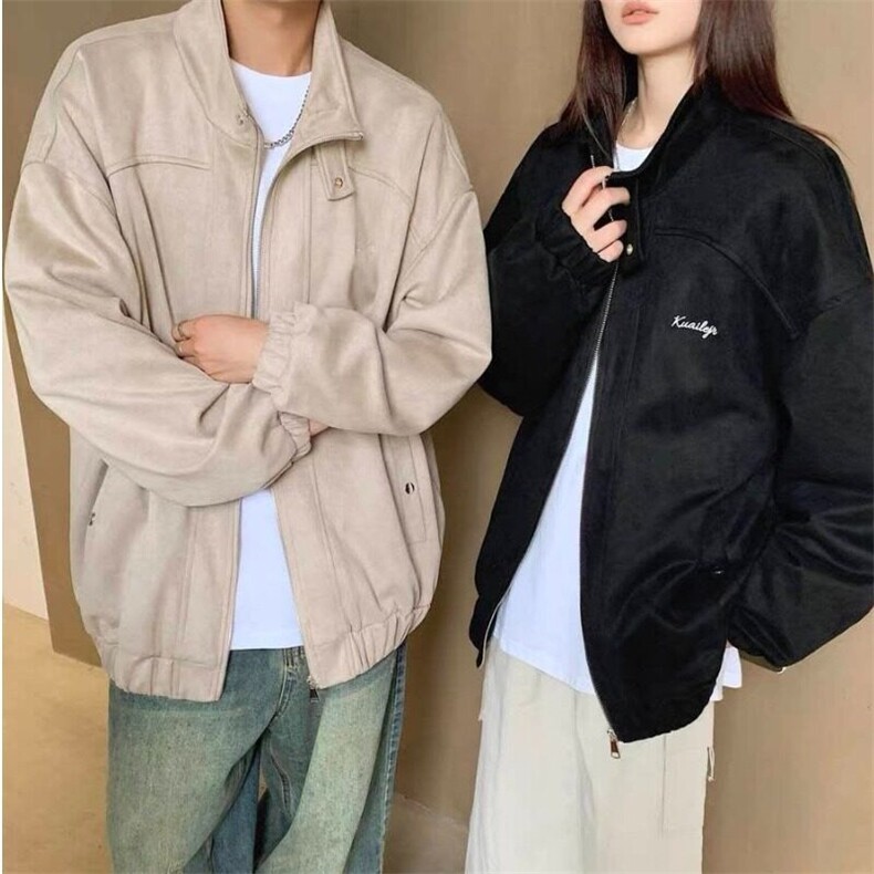 复古麂皮绒立领外套男女潮牌休闲百搭韩版宽松夹克春秋款美式痞帅图片