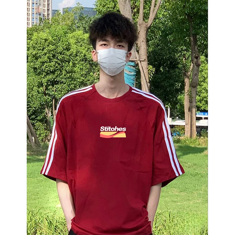 抖音得物高品质二开240克宽松纯棉美式潮牌三条杠织带短袖T恤,男装T恤,电商A486-1