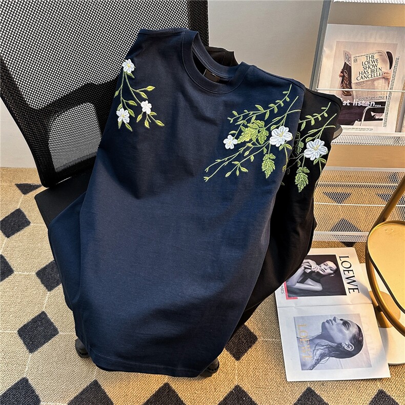 重工街头新中式花卉刺绣廓形短袖T恤男女潮百搭圆领夏装上衣服,男装T恤,星座813-2
