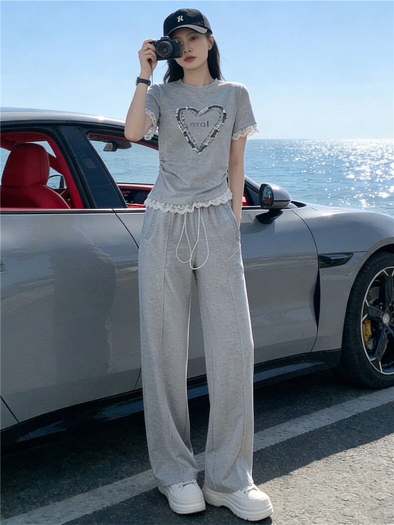 韩版时尚气质套装女夏新款圆领钉珠蕾丝花边上衣高腰阔腿裤两件套,女装套装/套裙,江南