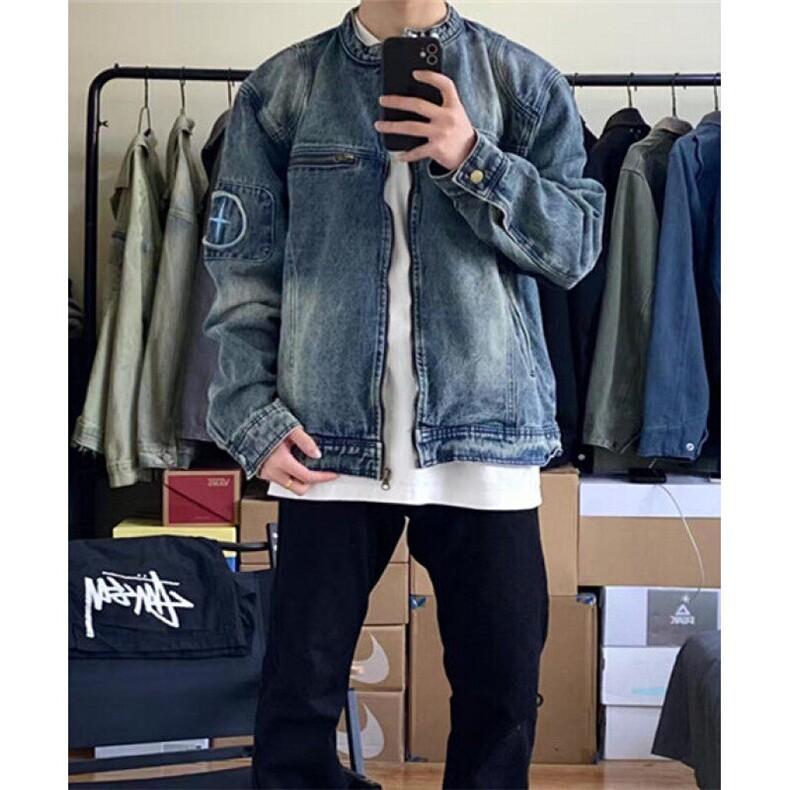 复古做旧水洗质感宽松牛仔外套男立领拉链刺绣机车夹克男J3349,男装夹克,星座1116A（原606A-3）
