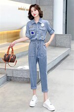 2022夏季新款时尚个性刺绣贴布设计气质减龄舒适系带收腰连体裤，女装连体裤，魅影