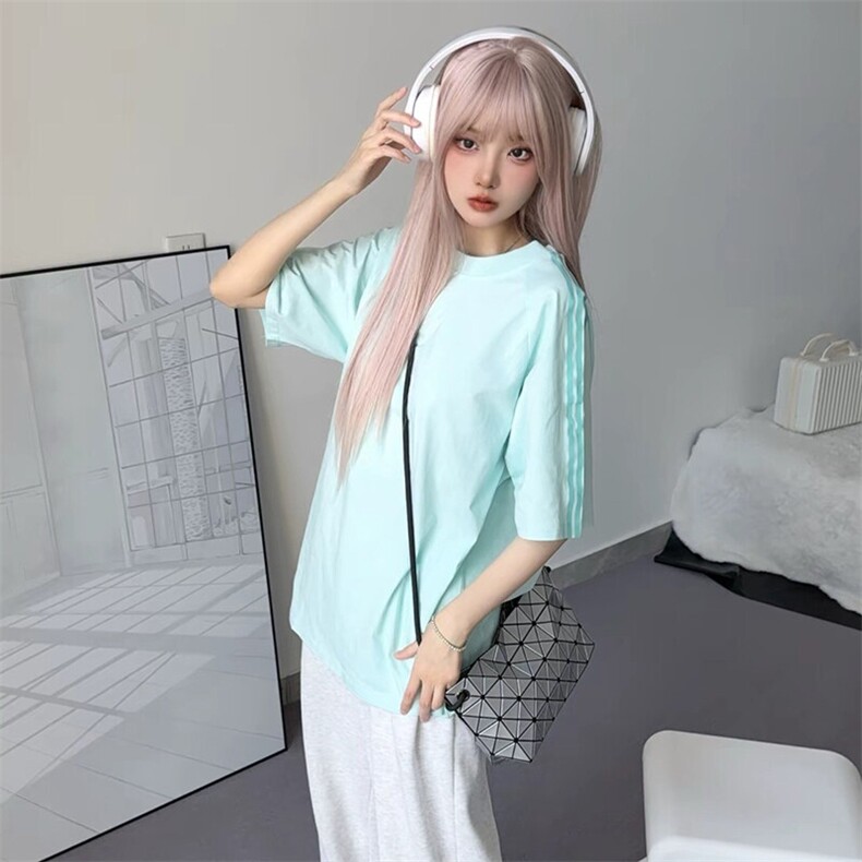 抖音得物品质二开240克宽松纯棉美式潮牌印花三条杠中性风短袖T恤,男装T恤,电商A486-1