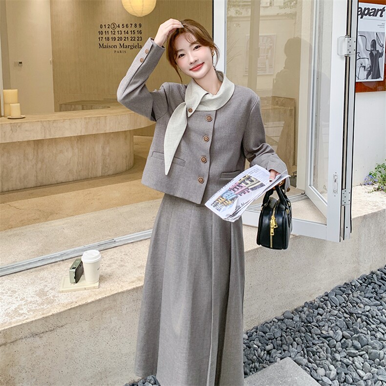 小众设计感韩系chic撞色飘带领外套女春季时尚高端气质长裙，女装套装/套裙，2C255