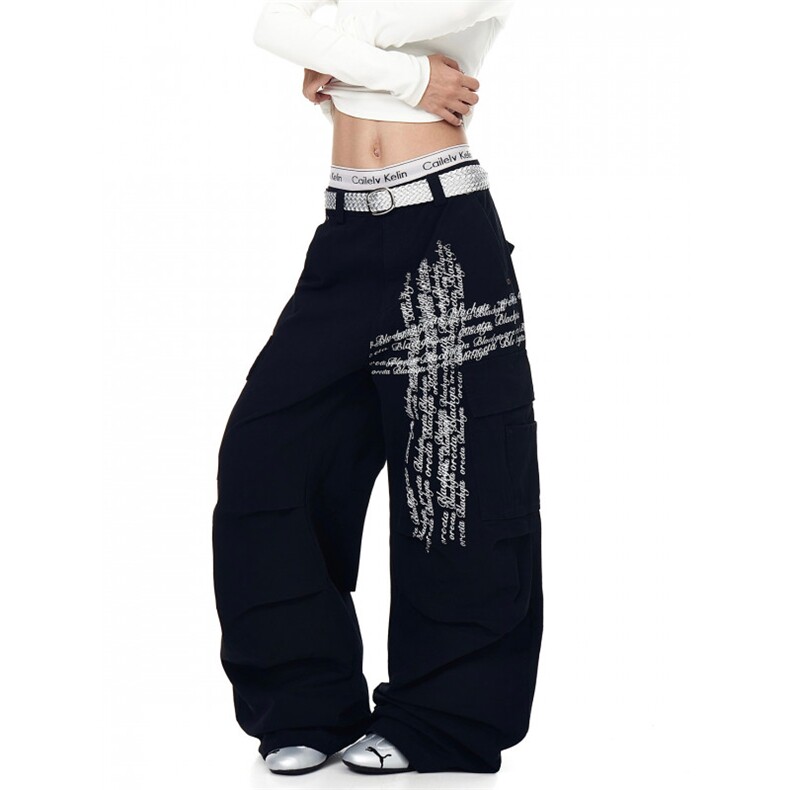 双面字母印花绣褶皱多口袋水洗工装裤K01349-P60，男装工装外套，星座308B-2