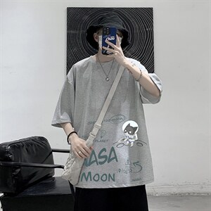 HT73187-P22 NASA 联名同款华夫格t恤男短袖男大码五分袖 大皂风图片