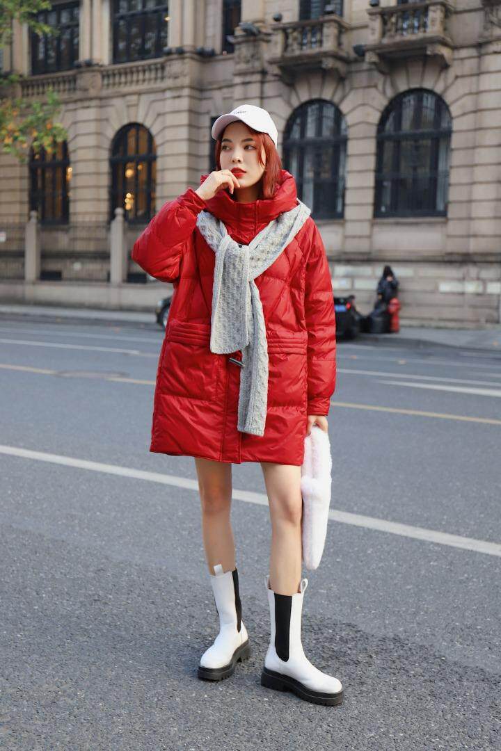 2021早冬上新拼羊毛针织帽围巾两件套设计长款90白鸭绒羽绒，女装，红雀纺