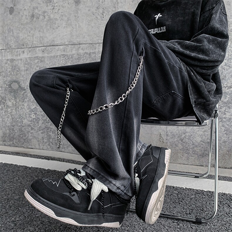 现货高街vibe黑色扎染设计感链条修身微喇牛仔裤男K880-P55控78,男装牛仔裤,星座205