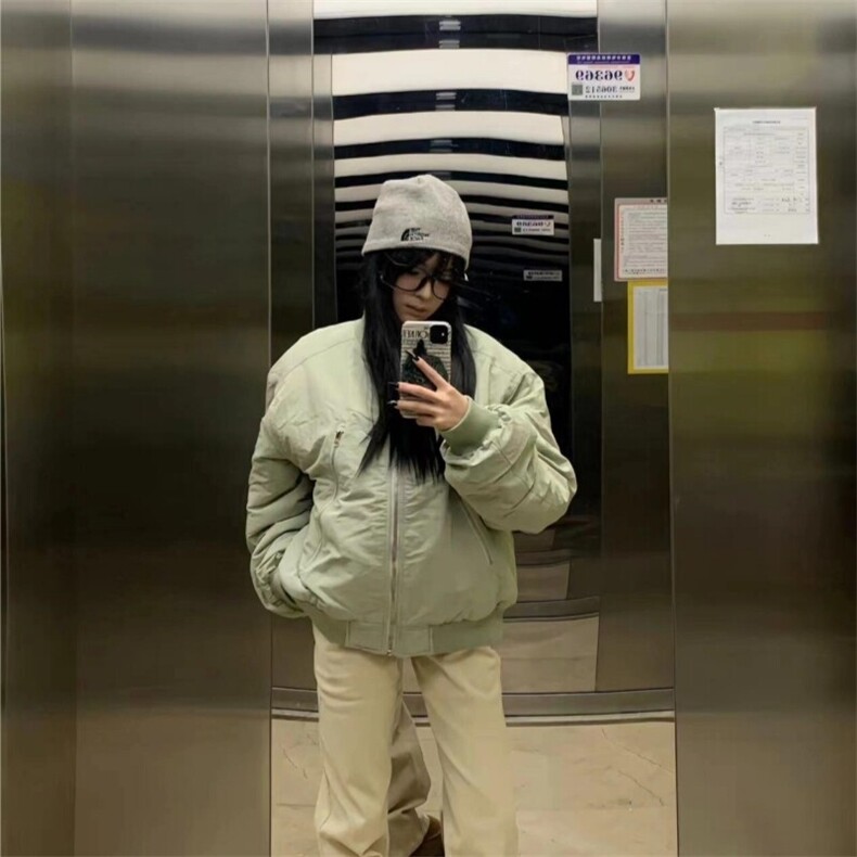 （现货）豆绿色大拉链口袋男女棉服立领棉衣,男装棉衣,星座807