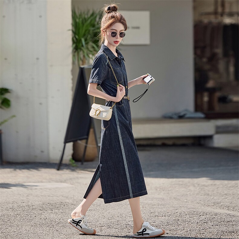 官方牛仔拼接撞色连衣裙女2025夏季新款收腰显瘦开叉长裙,女装连衣裙,E百度