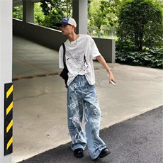 NK6637-P53夏季潮流美式街头风个性手绘涂鸦趣味直筒宽松阔腿，男装休闲裤，电商B323A