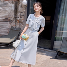 清新减龄蓝色牛仔连衣裙女2025夏季新款小个子收腰气质显瘦衬衫裙，女装连衣裙，沁沁公主