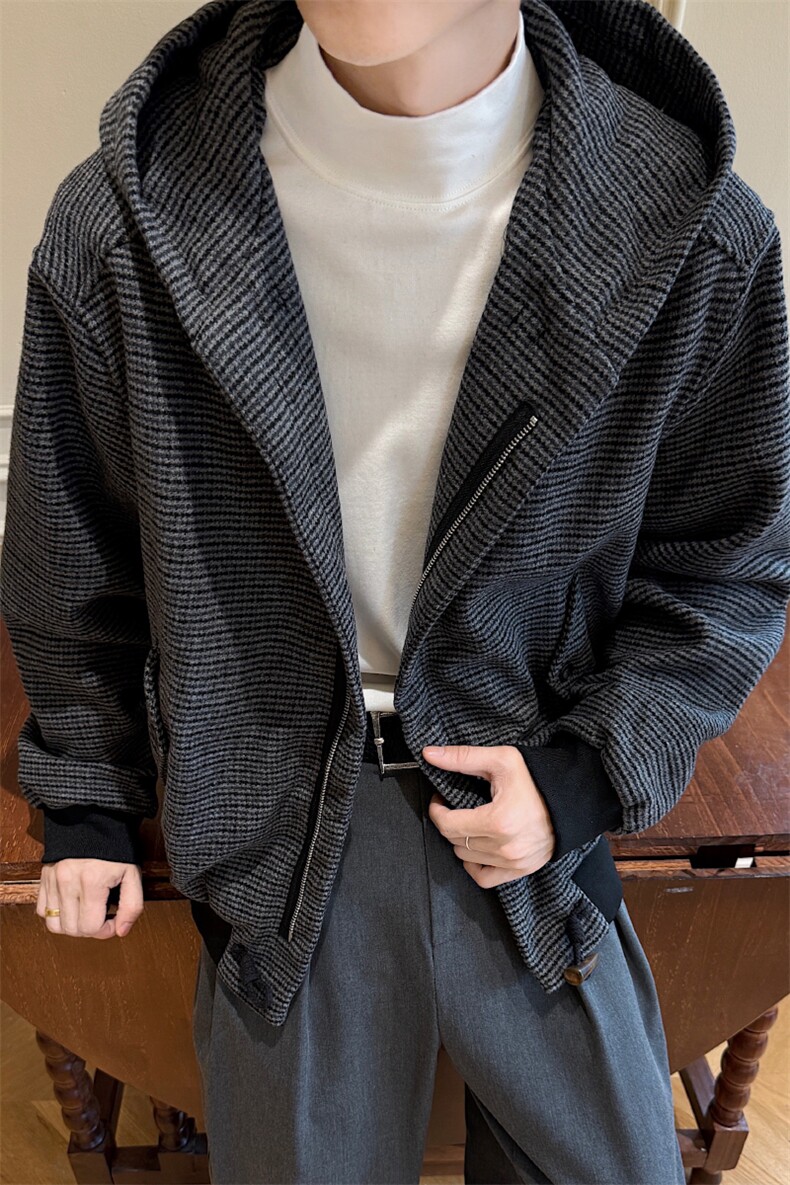 千鸟格呢子夹克男宽松百搭牛角扣休闲连帽外套XZ514-2-4234-P108,男装夹克,星座514-2(原B239)