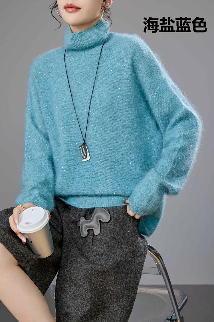 2025年秋季时尚百搭通勤简约休闲亮片高翻领，女装羊毛衫，美轩羊绒