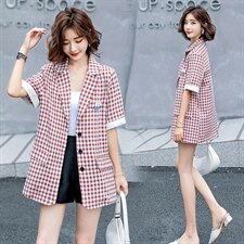 欧洲棉麻格子西装外套女薄款韩版宽松短袖洋气小西服21021夏装，女装西装，一安秀