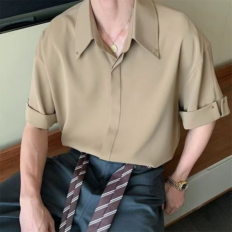 夏季新款高级感短袖衬衫男潮牌痞帅设计感小众宽松休闲五分半截袖，男装T恤，星座506A