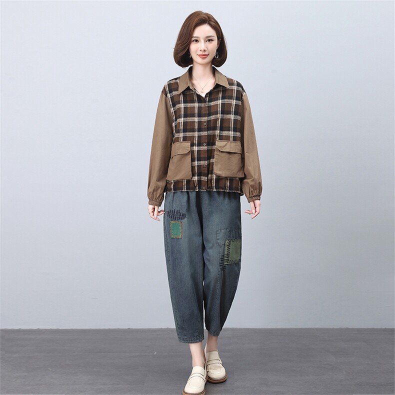 时尚格子拼接宽松休闲套装女秋冬季新款韩版显瘦长袖两件套裙子，女装套装/套裙，叶笙衣