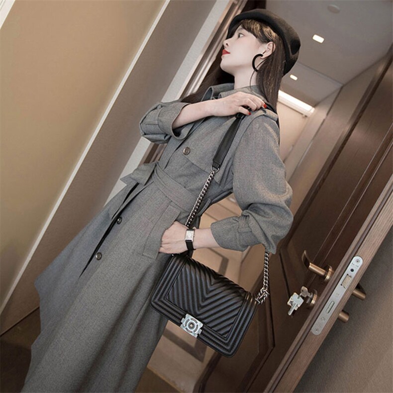 现货2023春秋新款韩版中长款大衣外套女高级质感灰色风衣女,女装风衣,艾乐芳