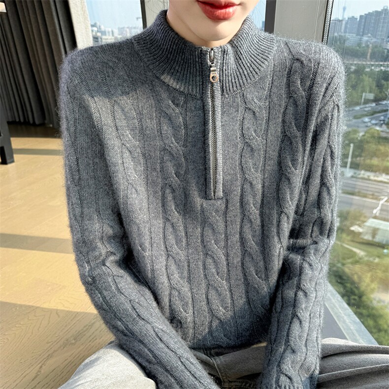 半高领加厚高端山羊绒衫女拉链麻花针织长袖毛衣宽松打底羊毛上衣,女装羊绒衫,更慕羊绒