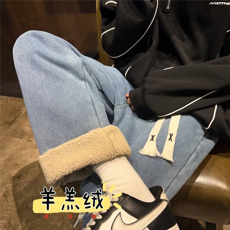 羊羔绒牛仔裤男秋冬季加绒加厚裤子潮牌直筒阔腿裤潮牌8064-P60,男装牛仔裤,星座1008