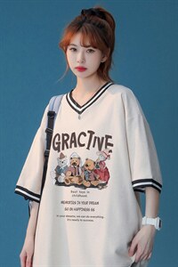 中性  春夏新款宽松复古卡通印花撞色螺纹短袖T恤女T6878 P40控58图片