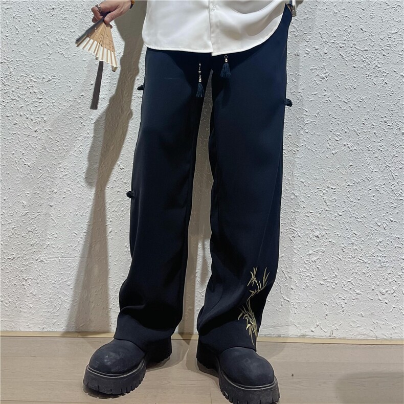新中式风竹子刺绣西裤男款夏季冰丝裤宽松阔腿直筒裤子KZ84,男装西裤,星座1116A-1（原606A）