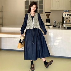 2026新款法式泡泡袖牛仔连衣裙+蕾丝马甲，女装连衣裙，纯色衣恋