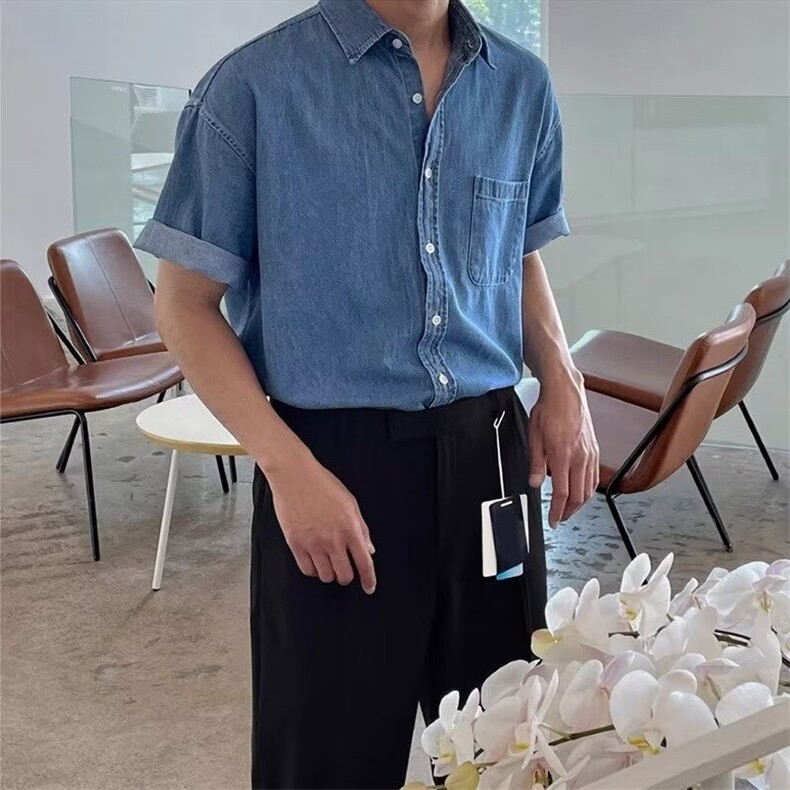 牛仔衬衫男夏季薄款韩版潮流学院风短袖衬衣ins超火百搭宽松外，男装T恤，星座302B-2