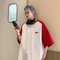 B225-T9281-P39-X49--全棉-拼色插肩袖T恤男ins简约百搭潮流半袖，男装T恤，电商B225