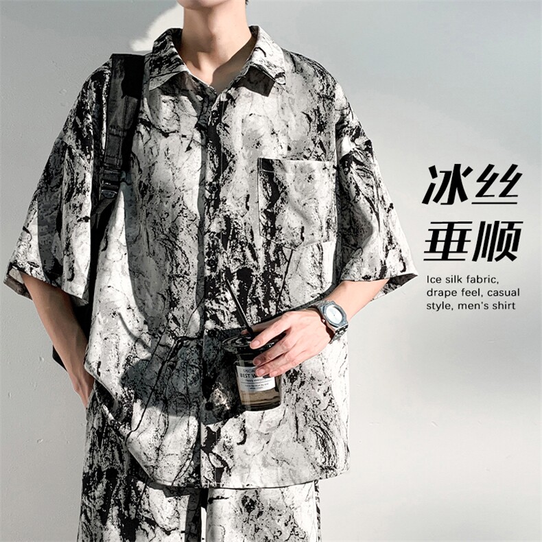 特批P25无差价夏季冰丝水墨扎染薄款宽松大码短袖花衬衫男士CD898图片