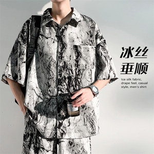 特批P25无差价夏季冰丝水墨扎染薄款宽松大码短袖花衬衫男士CD898图片