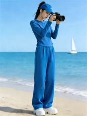 盐系高级感时尚气质套装女春季新款圆领长袖上衣阔腿长裤两件套潮，女装套装/套裙，江南