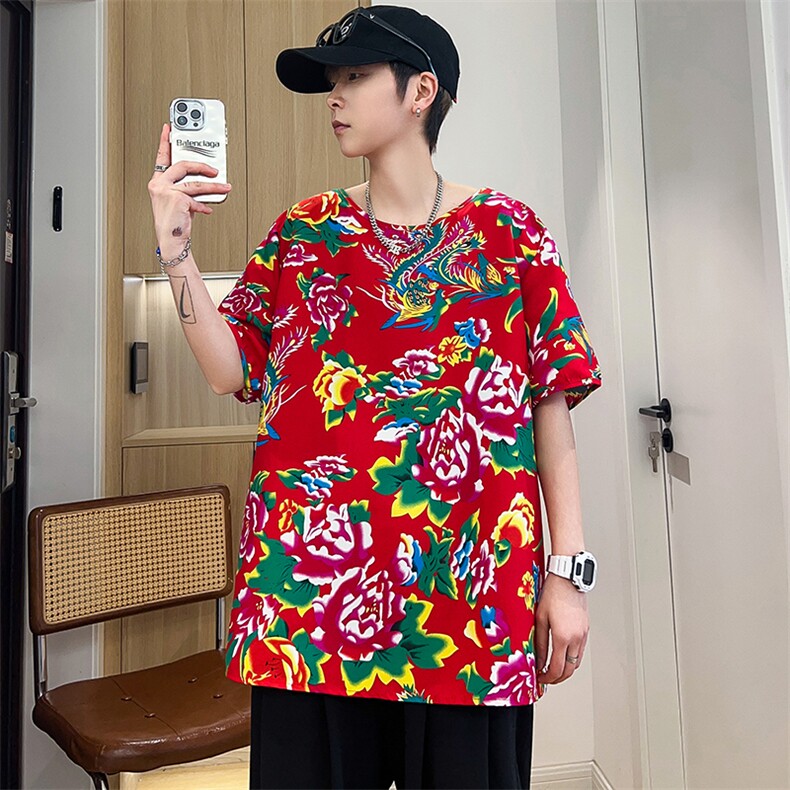 HT203夏男休闲东北大花民族风牡丹花圆领短袖T恤青少年大码男女潮,男装T恤,星座115A(原星座507）