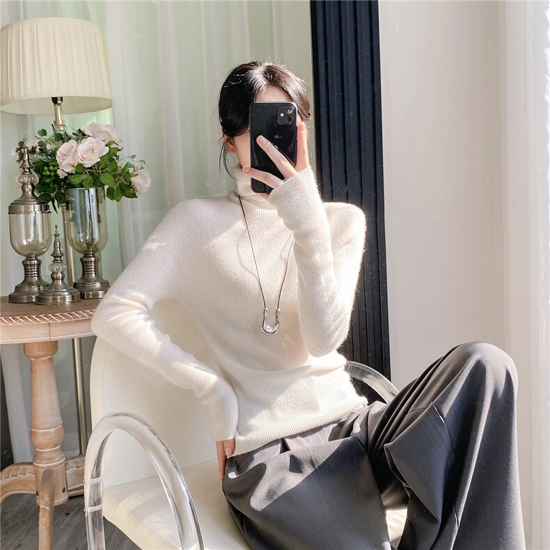 HE|基础美软糯baby山羊绒衫女堆堆领针织衫紧身毛衣内搭打底衫，女装针织衫/毛衣，织纯羊绒