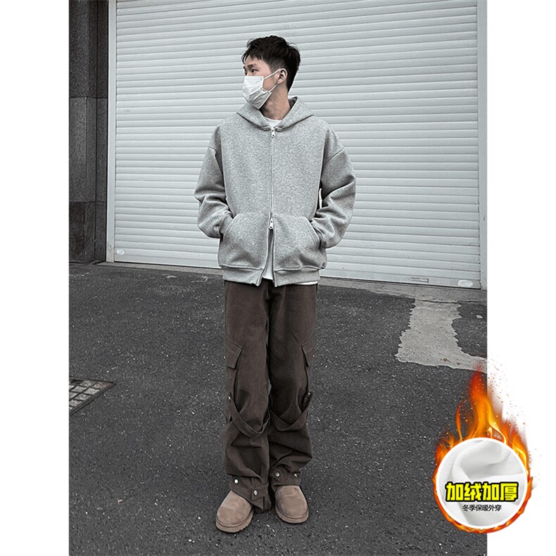 480G重磅加绒硬挺boxy男女秋冬美式高街结构双拉链开衫卫衣厚外套，女装短外套，电商A486-1