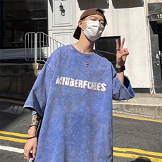 B239-1132-P38美式字母印花复古水洗做旧落肩袖短袖T恤上衣，男装T恤，星座514-2(原B239)